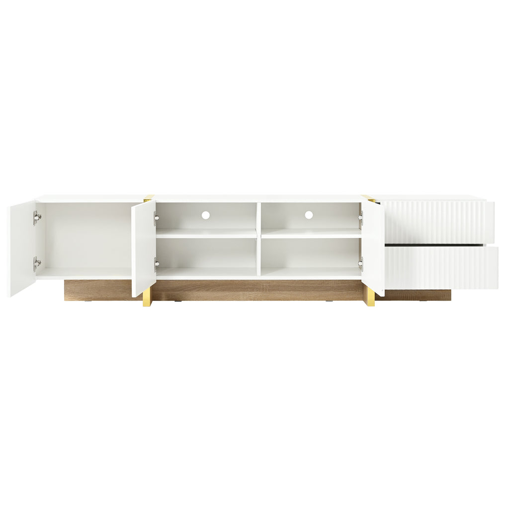 Leoglint ON-TREND Luxury Fluted TV Stand for TVs Up to 80'', Modern Entertainment Center with Storage Cabinets & Drawers, Smooth Media Console with Golden Wood Grain Legs for Living Room, White