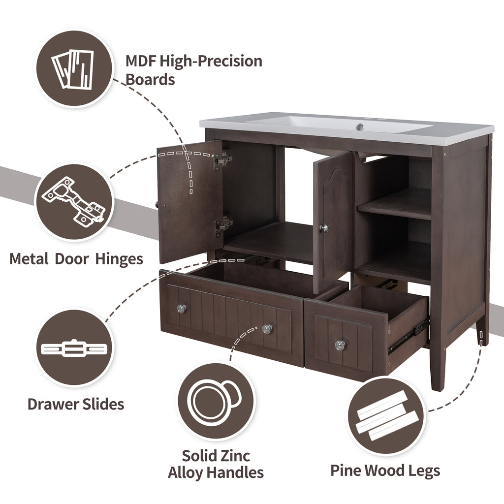 Leoglint 36" Bathroom Vanity Base Only, Solid Wood Frame and MDF Boards, Brown