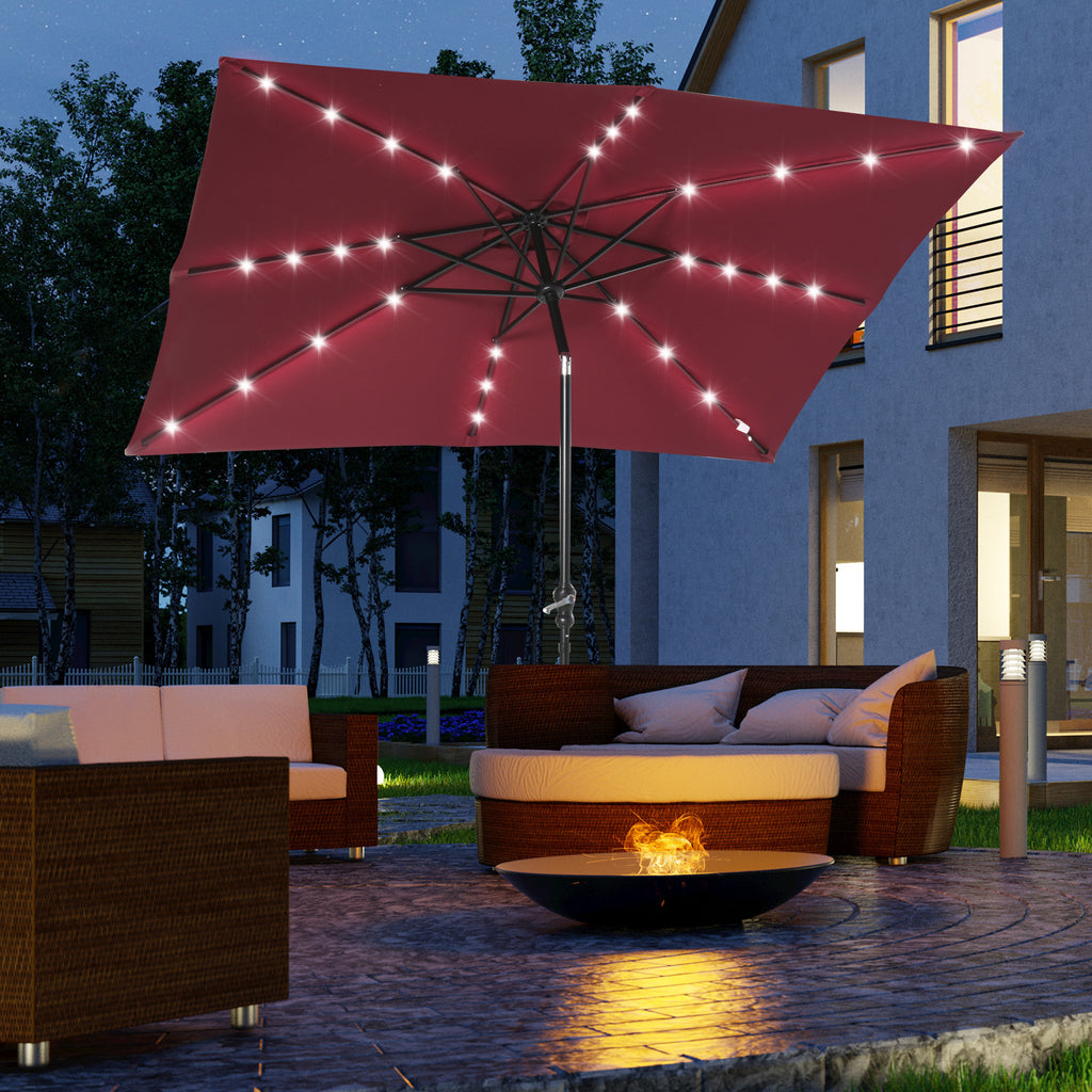 Leoglint 9' x 7' Solar Umbrella, LED Lighted Patio Umbrella for Table or Base with Tilt & Crank, Outdoor Umbrella for Garden, Deck, Backyard, Pool, Beach, Wine Red