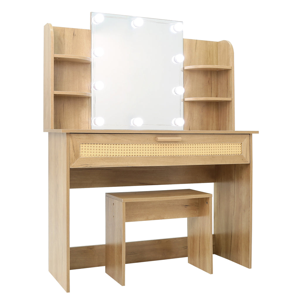 Leoglint Drawer Chest Vanity Desk Set Stool & Dressing Table with LED Lighting Mirror Drawer and Compartments Modern Wood Cosmetic Table Chest of Drawers Nature Color