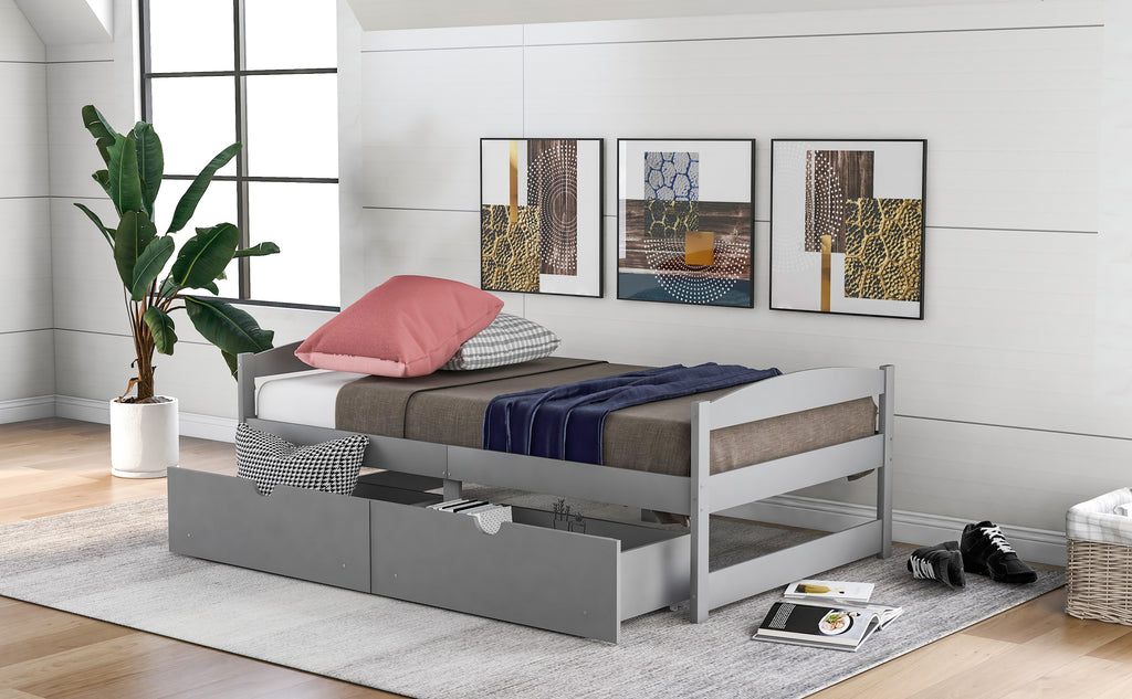 Leoglint Twin size platform bed frame, with two drawers, gray