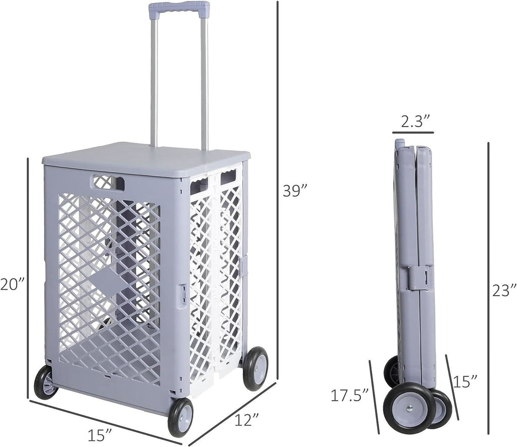 Leoglint 55L Foldable Rolling Garden Cart with Wheels, Portable Updated Utility Tools with Lid Rolling Crate w/ Telescopic Handle, Gray