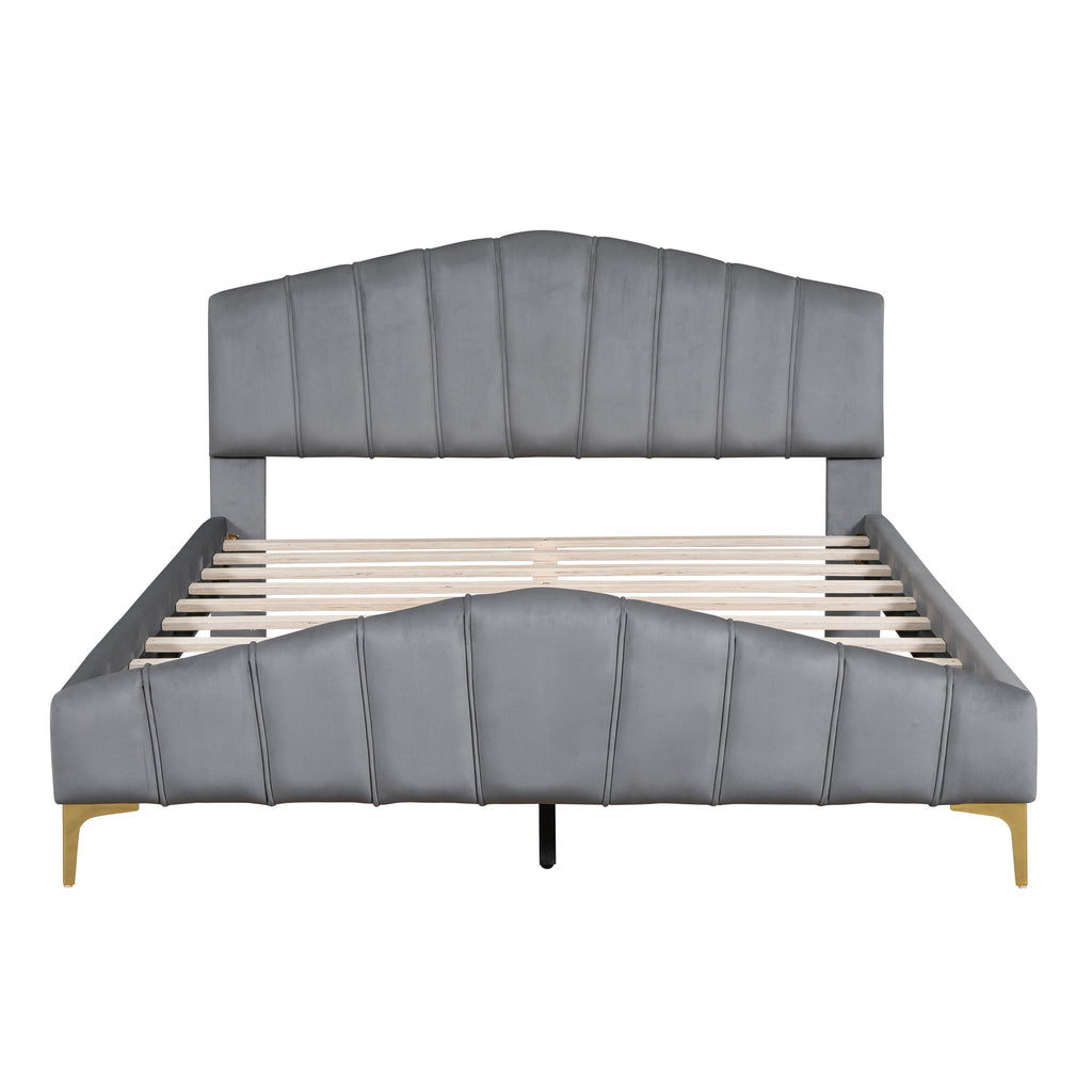 Queen Size Velvet Platform Bed Frame with Thick Fabric, Stylish Stripe Decorated Bedboard and Elegant Metal Bed Leg, Gray