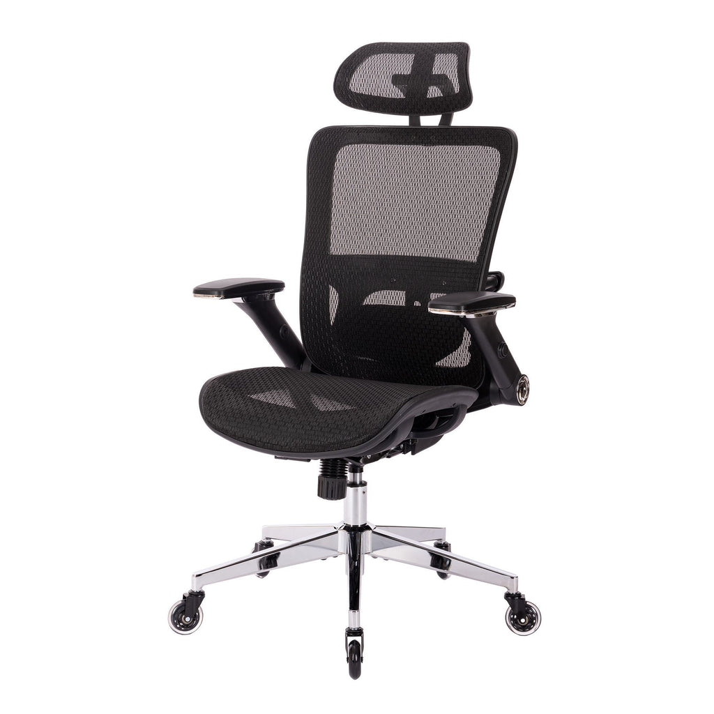 Leoglint BLACK Ergonomic Mesh Office Chair, High Back - Adjustable Headrest with Flip-Up Arms, Tilt and lock Function, Lumbar Support and blade Wheels, KD chrome metal legs