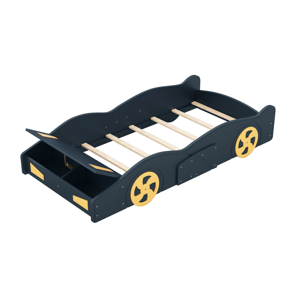 Leoglint Twin Size Race Car-Shaped Platform Bed Frame with Wheels and Storage, Dark Blue+Yellow