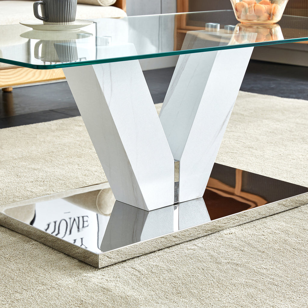 Leoglint Modern minimalist coffee table. Transparent tempered glass tabletop with silver MDF pillars. Suitable for living room and dining room