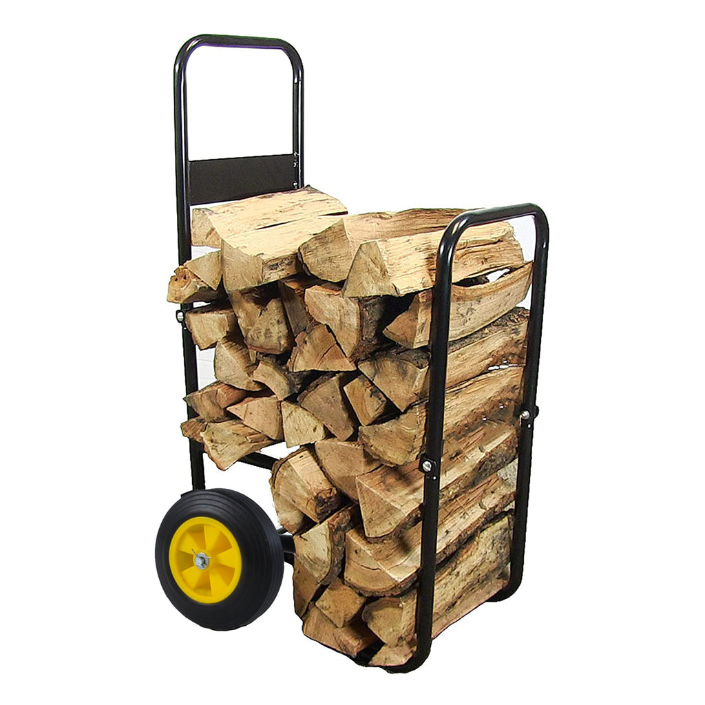 Leoglint Firewood Log Cart Carrier - Outdoor or Indoor Black Steel Wood Rack Storage Mover - Rolling Wheeled Metal Dolly Hauler - Wood Moving Equipment