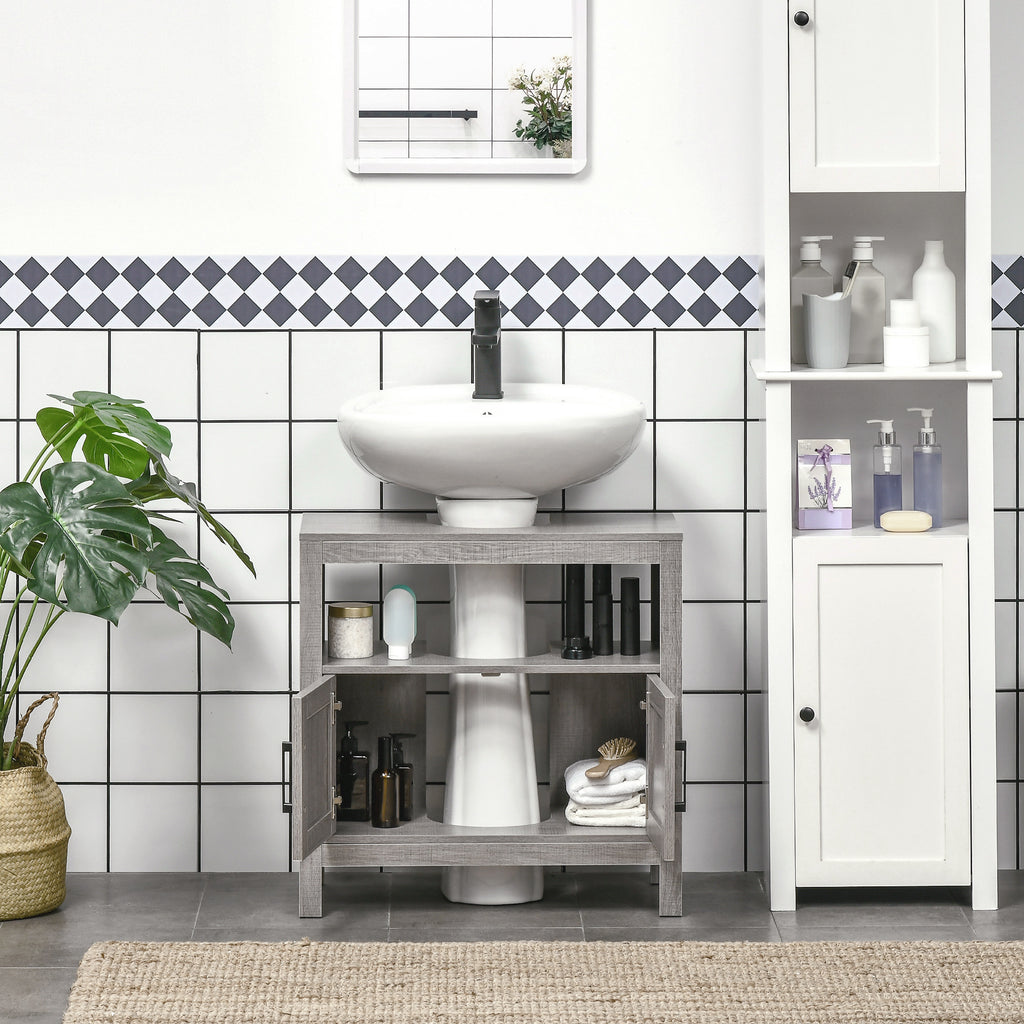 Leoglint kleankin Pedestal Sink Storage Cabinet, Bathroom Under Sink Cabinet with 2 Doors and Open Shelf, Bathroom Vanity, Gray