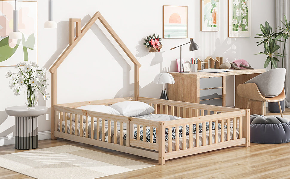 Leoglint Bed Frame Full House-Shaped Headboard Floor Bed with Fence,Natural