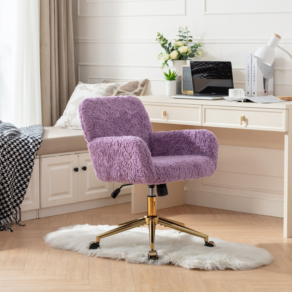 Leoglint A&A Furniture Office Chair,Artificial rabbit hair Home Office Chair with Golden Metal Base,Adjustable Desk Chair Swivel Office Chair,Vanity Chair(Violet)