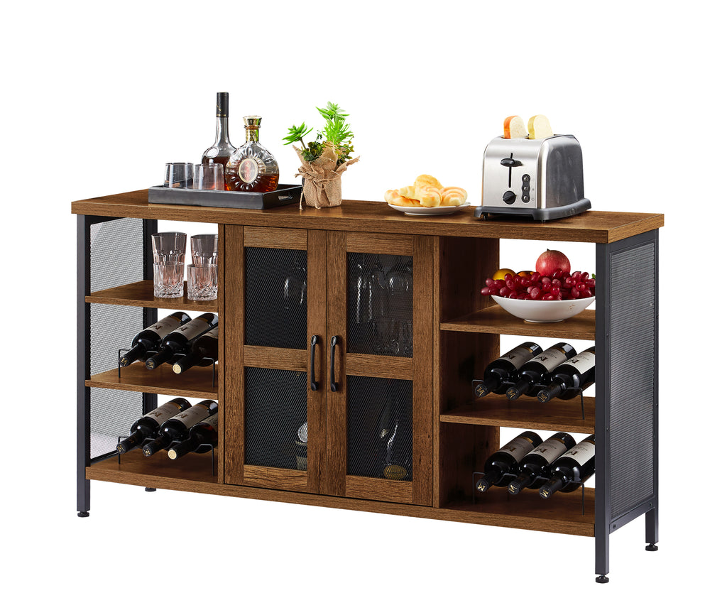 Leoglint JHX Industrial Wine Bar Cabinet, Liquor Storage Credenza, Sideboard with Wine Racks & Stemware Holder (Hazelnut Brown, 55.12''w x 13.78''d x 30.31' ' h)