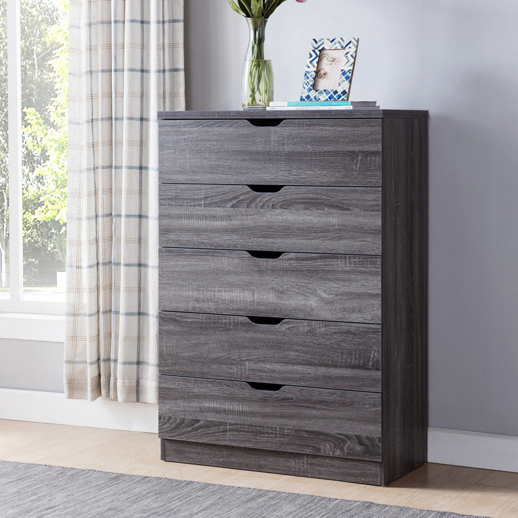 Leoglint Modern grey five drawer chest,clothes and storage chest faux wood grain and metal drawer glides