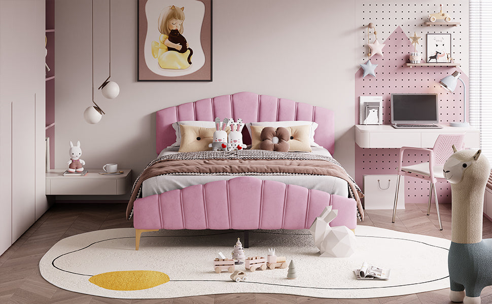 Queen Size Velvet Platform Bed Frame with Thick Fabric, Stylish Stripe Decorated Bedboard and Elegant Metal Bed Leg, Pink