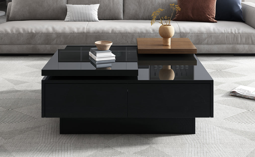 Leoglint U-Can Movable Top Coffee Table, Modern Square Wood Coffee Table with High Gloss finish, 4 Hidden Storage Drawers for Living Room