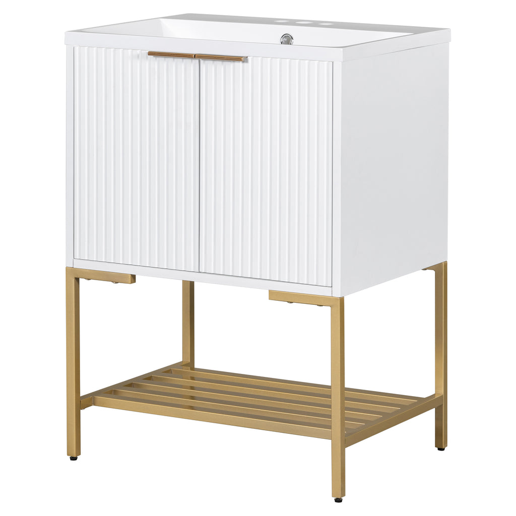 Leoglint 24" Bathroom Vanity with Sink, Bathroom Vanity Cabinet with Two Doors and Gold Metal Frame, Open Storage Shelf, White