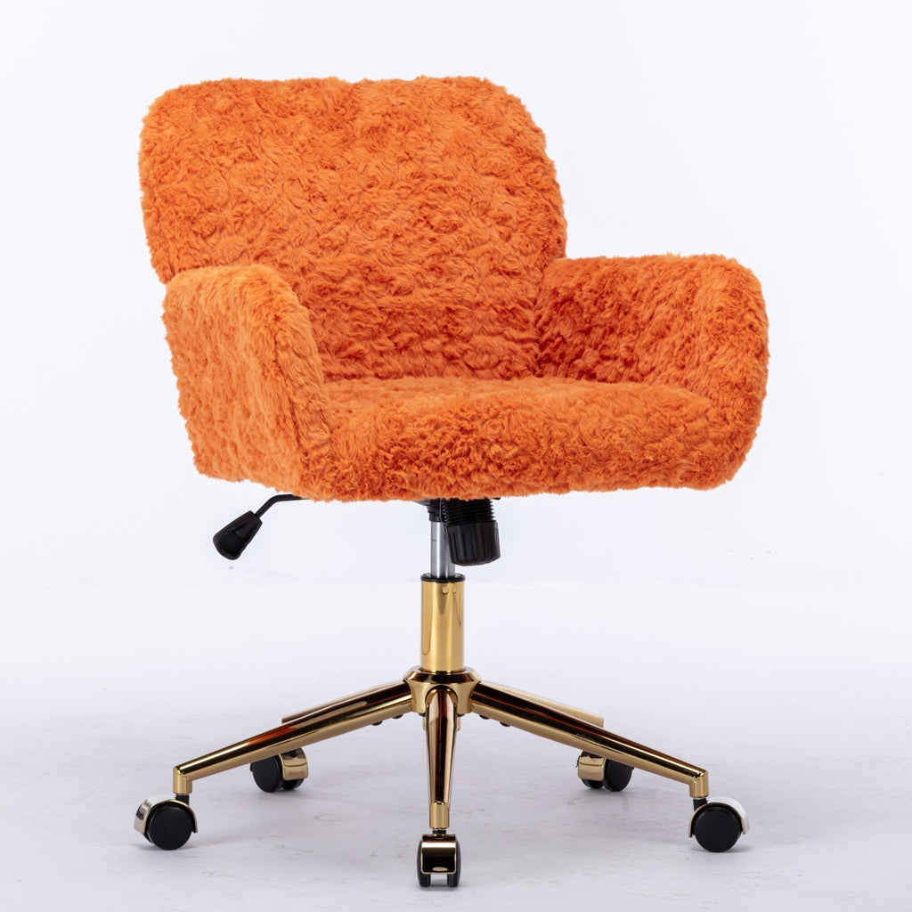 Leoglint A&A Furniture Office Chair,Artificial rabbit hair Home Office Chair with Golden Metal Base,Adjustable Desk Chair Swivel Office Chair,Vanity Chair(Orange)