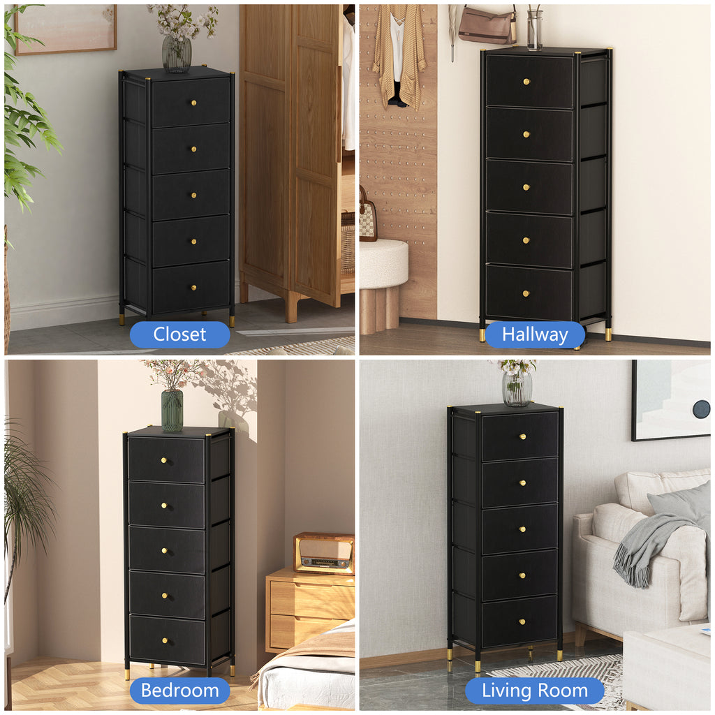 Leoglint Drawer Chest Drawer Dresser cabinet, Tall Dresser with 5 PU Leather Front Drawers, Storage Tower with Fabric Bins, Double Dresser, Chest of Drawers for Closet, Living Room, Hallway, Children's Room, color:Black