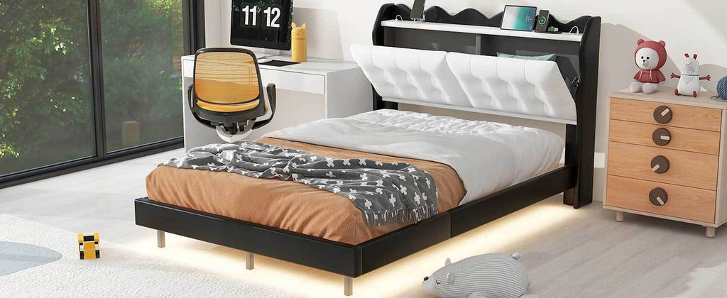 Leoglint Full Size Upholstery Platform Bed Frame with LED Light Strips and Built-in Storage Space,Black