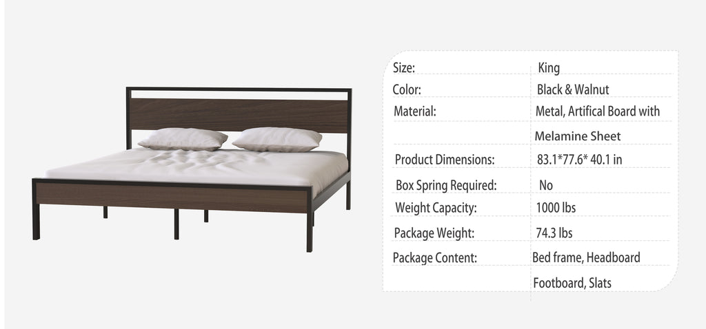 Leoglint Bed Frame Ceres Metal Bed, Black with Walnut wood Headboard&Footboard, King