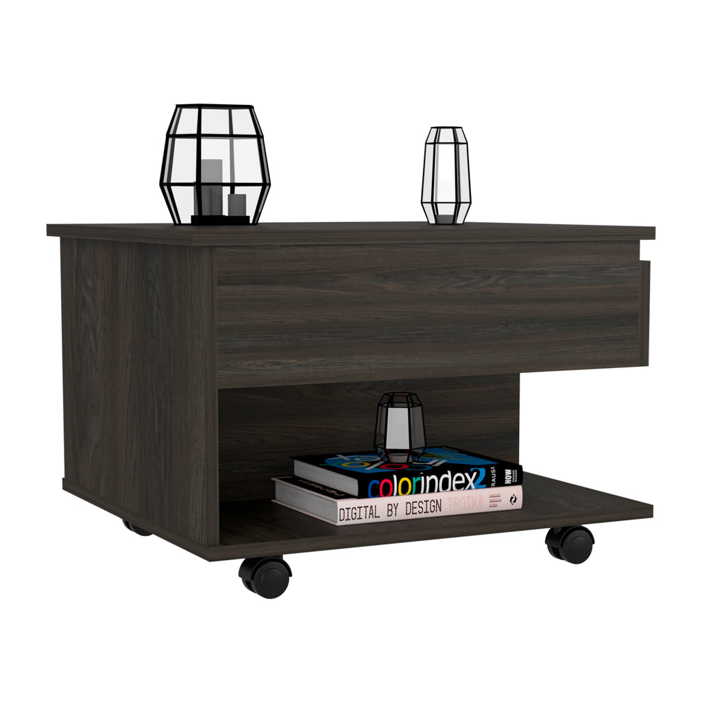 Leoglint 15" H carbon espresso coffee table, 4 brake wheels, lifting top that allows storage inside the table, 1 lower shelf and 1 vertical division that allows you to decorate with photos, and design books.