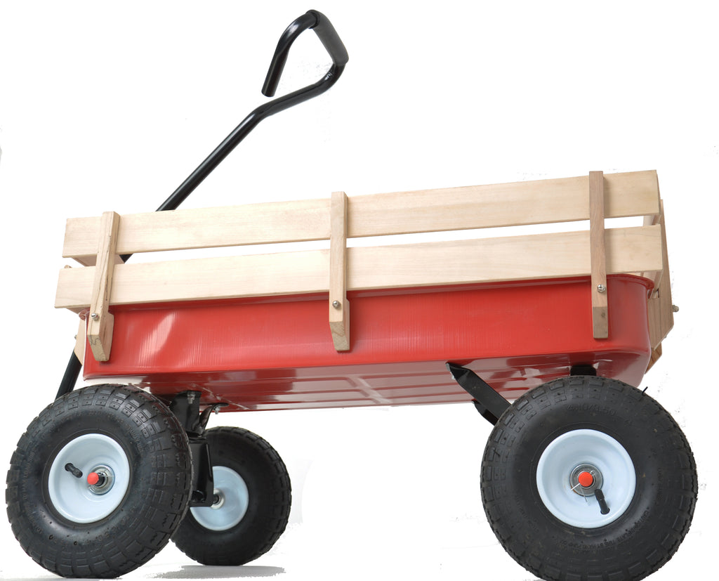 Leoglint Outdoor Wagon All Terrain Pulling Wood Railing Air Tires  Garden cart (Red+white)