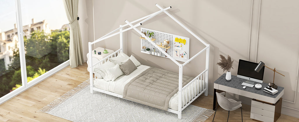 Leoglint Twin Size Metal House Platform Bed Frame, White