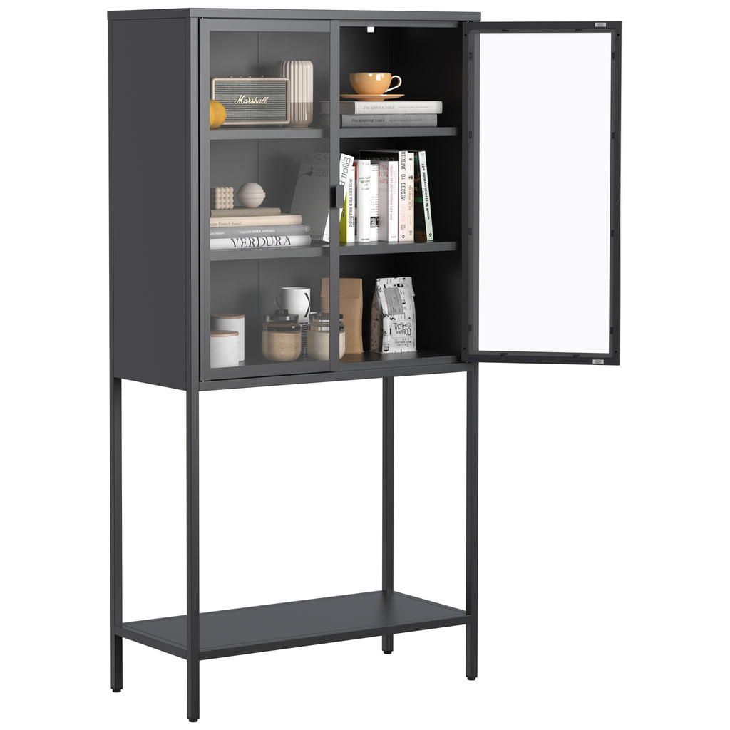 Leoglint 59"H Heavy Duty Metal Storage Cabinet,Sideboards & Buffet,Display Storage Cabinet with Glass Doors and 2 Adjustable Shelves, Tall Bookcase Modern Bookshelf Cabinet for Home Office, Living Room