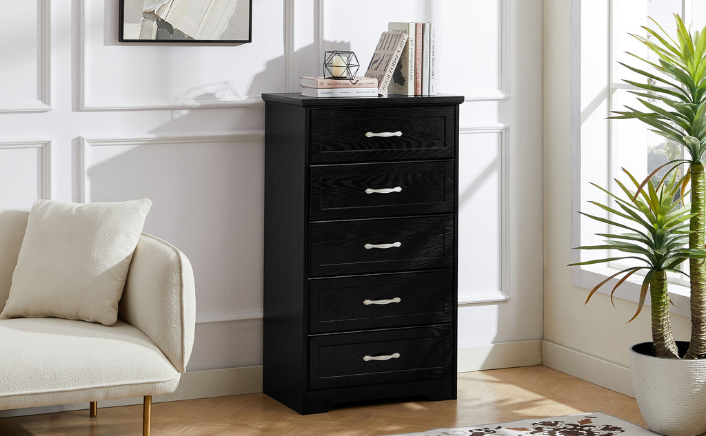 Leoglint Modern 5 Tier Bedroom Chest of Drawers, Dresser with Drawers,Drawer Chest, Clothes Organizer -Metal Pulls for Living Room, Bedroom, Hallway, Black, 25.2″L x 15.8″W x 43.5″H