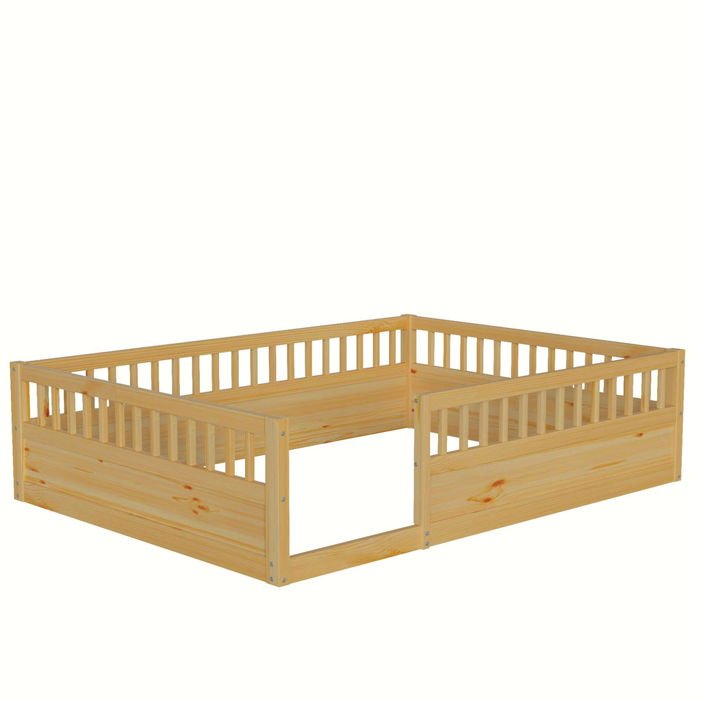 Leoglint Full Floor Bed Frame with Fence, Wood Kids Floor Beds Frame for Bedroom Playroom,Natural(Expect arrive date Jul. 10th)