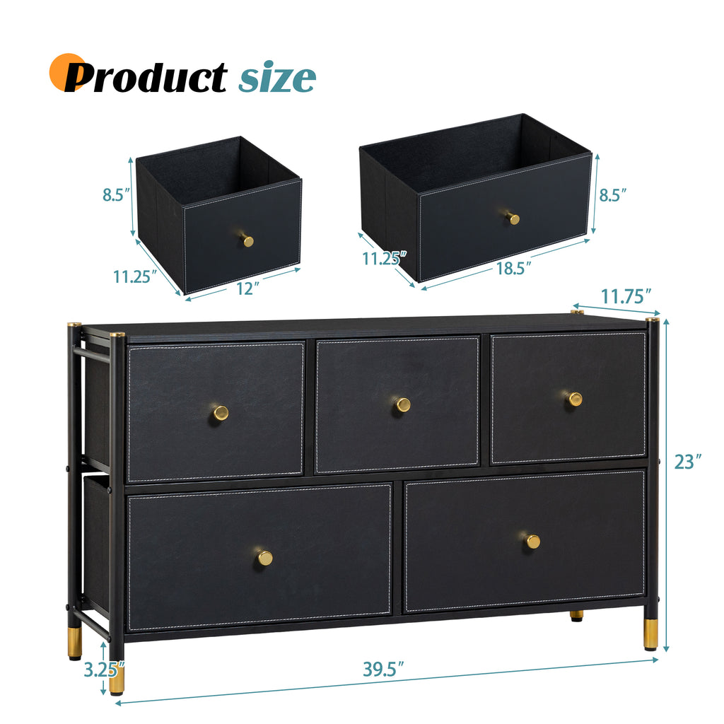 Leoglint Drawer Chest Drawer Dresser cabinet ,all Dresser with 5 PU Leather Front Drawers, Storage Tower with Fabric Bins, Double Dresser, Chest of Drawers for Closet, Living Room, Hallway, Children's Room, color:Black