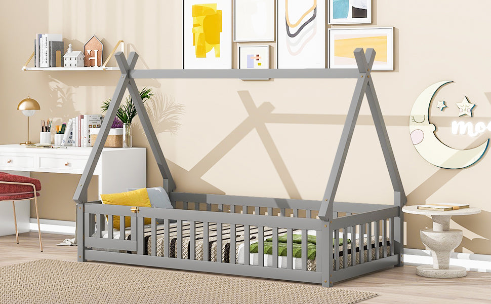 Leoglint Twin Tent-shaped Floor Bed Frame, with Guardrails, Slats, Door ,Grey