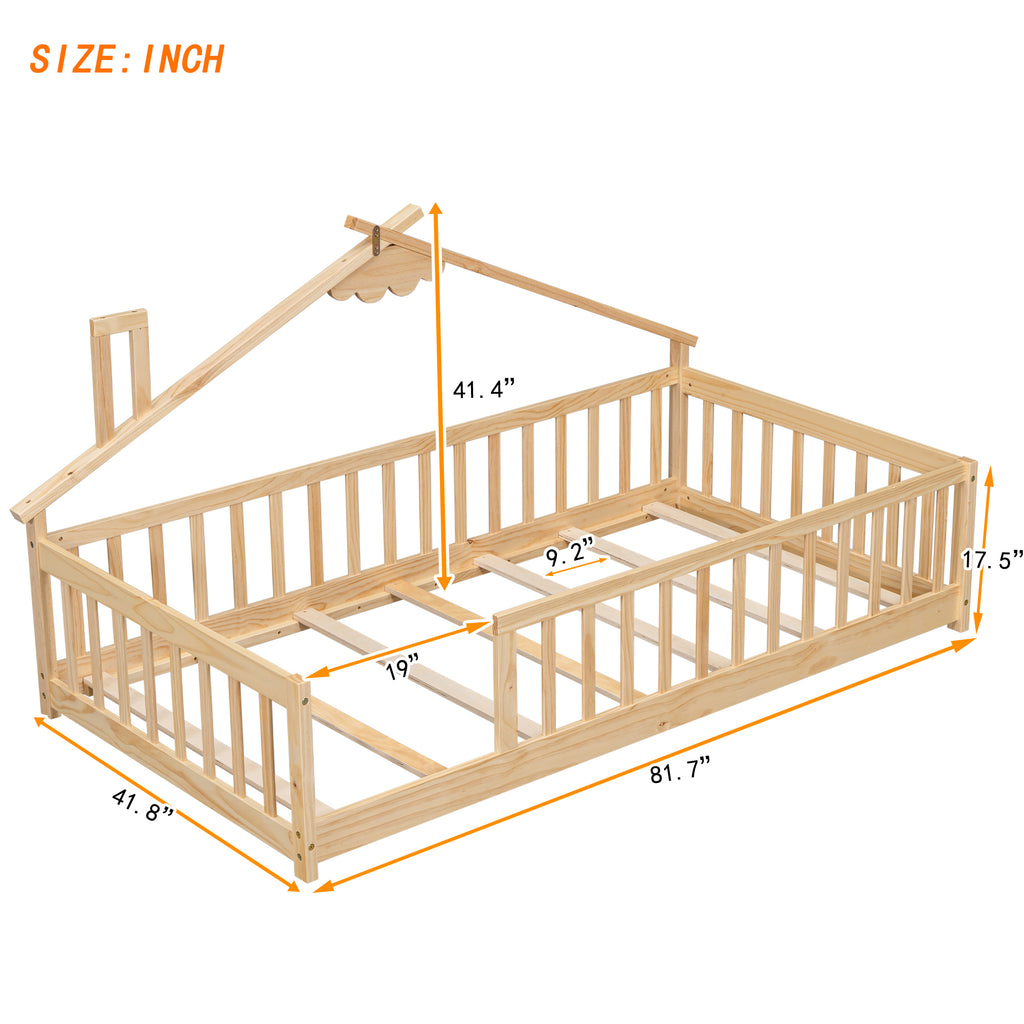 Twin House-Shaped Bedside Floor Bed Frame with Guardrails, Slats, without Door ,Natural