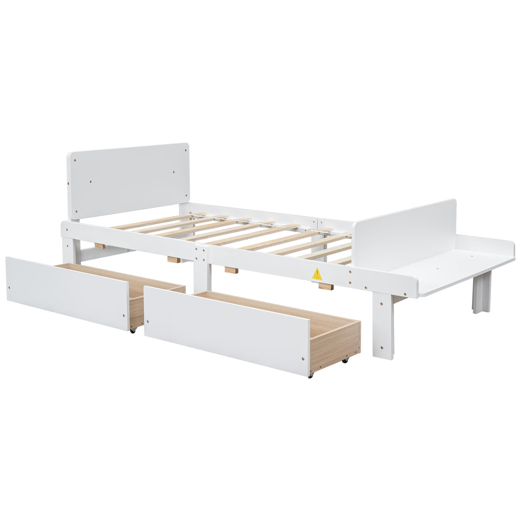 Twin Bed Frame with Footboard Bench,2 drawers,White