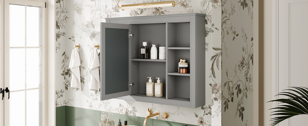 Leoglint 35'' x 27.5'' Medicine Cabinet, Wall Mounted Bathroom Storage Cabinet, Modern Bathroom Wall Cabinet with Mirror, Mirror Cabinet with 6 Open Shelves (Not Include Bathroom Vanity )