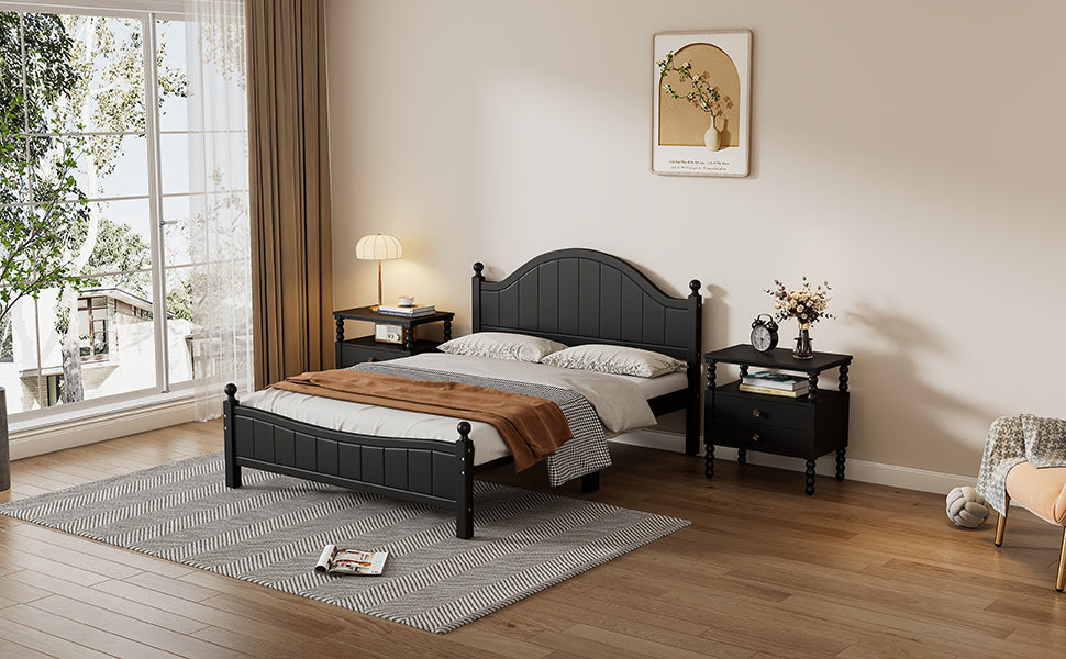 Traditional Concise Style Black Solid Wood Platform Bed Frame, No Need Box Spring, Full