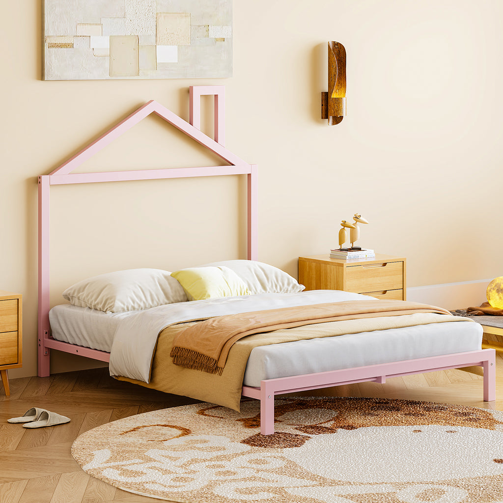 Leoglint Bed Frame Full Size Metal Platform Bed with House-Shaped Headboard Design, Pink