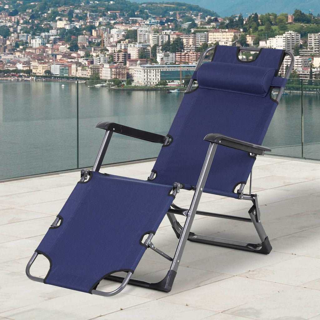 Leoglint Tanning Outdoor Chair, 2-in-1 Beach Lounge Chair & Camping Chair w/ Pillow & Pocket, Adjustable Chaise for Sunbathing Outside, Patio, Poolside, Navy