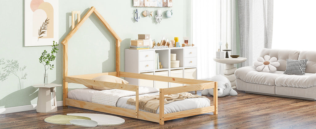 Twin Size Wood bed Frame with House-shaped Headboard Floor bed with Fences,Natural