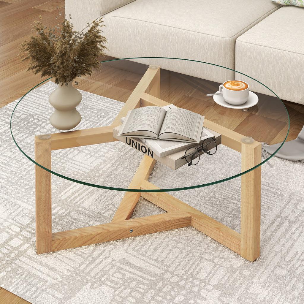 Leoglint [New Picture] ON-TREND Round Glass Coffee Table Modern Cocktail Table Easy Assembly with Tempered Glass Top & Sturdy Wood Base, Natural (OLD SKU: WF190112AAL)