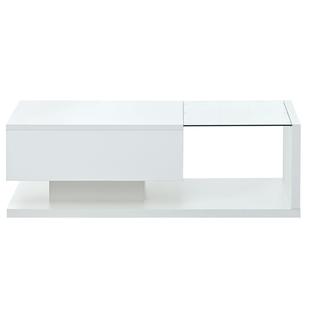 Leoglint [VIDEO provided] ON-TREND Modern Coffee Table with Tempered Glass, Wooden Cocktail Table with High-gloss UV Surface, Modernist 2-Tier Rectangle Center Table for Living Room, White