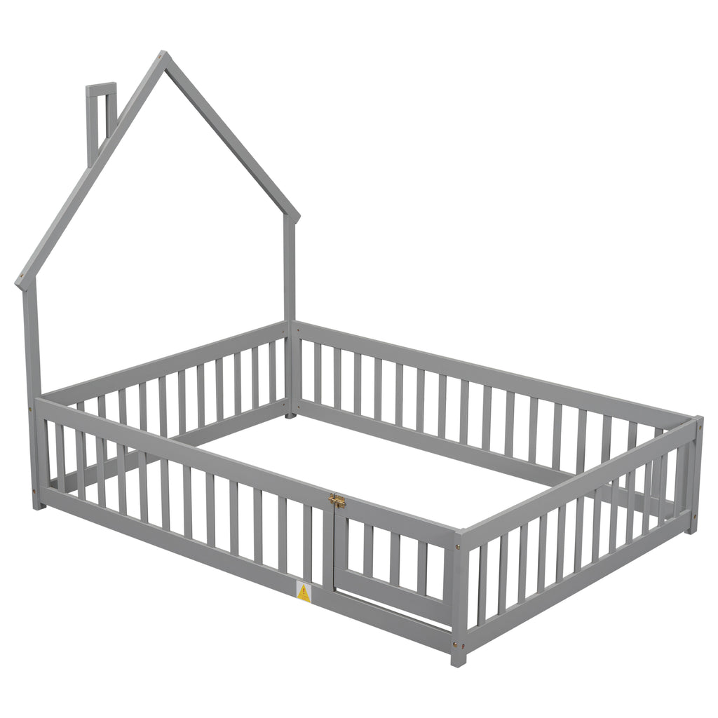 Leoglint Bed Frame Full House-Shaped Headboard Floor Bed with Fence ,Grey