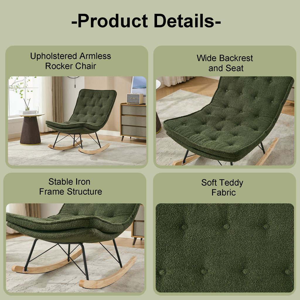 Leoglint Lazy Rocking Outdoor Chair,Comfortable Lounge Chair with Wide Backrest and Seat Wood Base, Upholstered Armless Rocker Chair for Living room, Balcony,Bedroom and Patio Porch. (DARK GREEN)