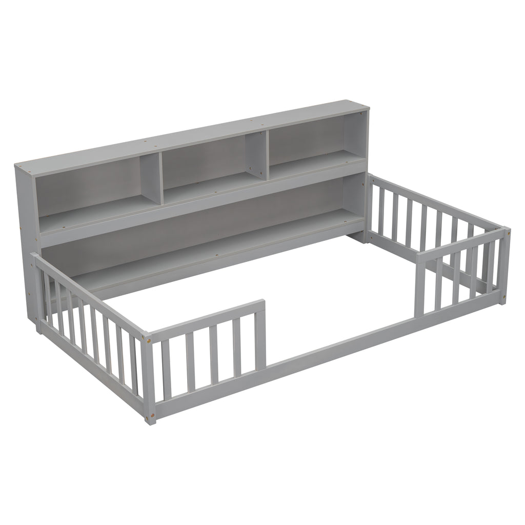 Twin Floor Bed Frame  with  Bedside Bookcase,Shelves,Guardrails,Grey