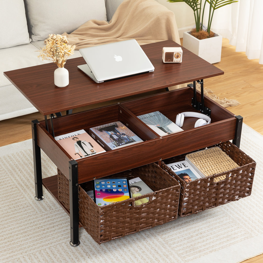 Leoglint Metal coffee table,desk,with a lifting table,and hidden storage space.There were two removable wicker baskets that could be placed in any space such as the living room,color:brownwith solid wood grain