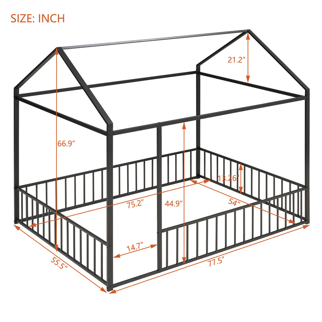 Leoglint Full Size Metal Bed House Bed Frame with Fence, for Kids, Teens, Girls, Boys,Black