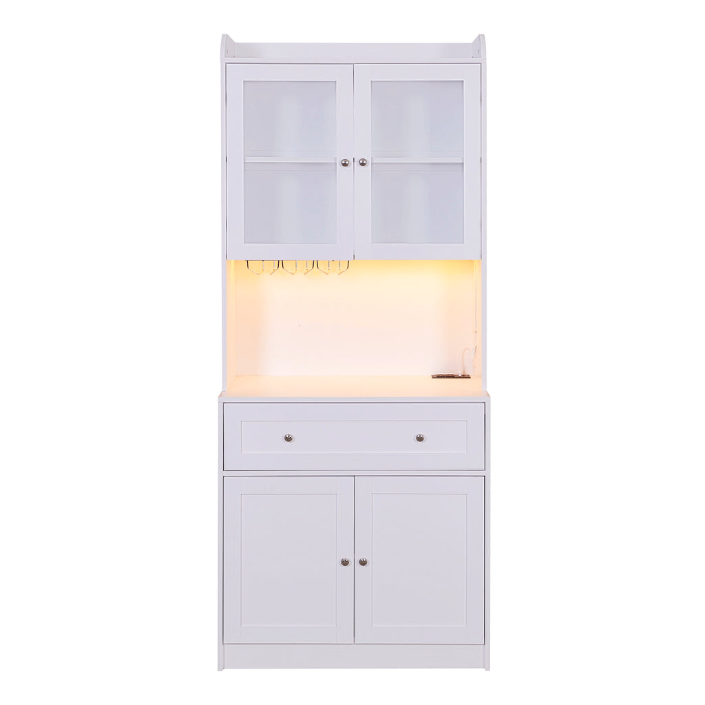 Leoglint Sideboard 75.2" Tall Kitchen Pantry Storage Cabinet with Lights and Charging Station, Modern Kitchen Hutch Bar Cabinet with Microwave Stand, Wood Buffet Sideboard with 1 Drawer for Kitchen, Dining Room