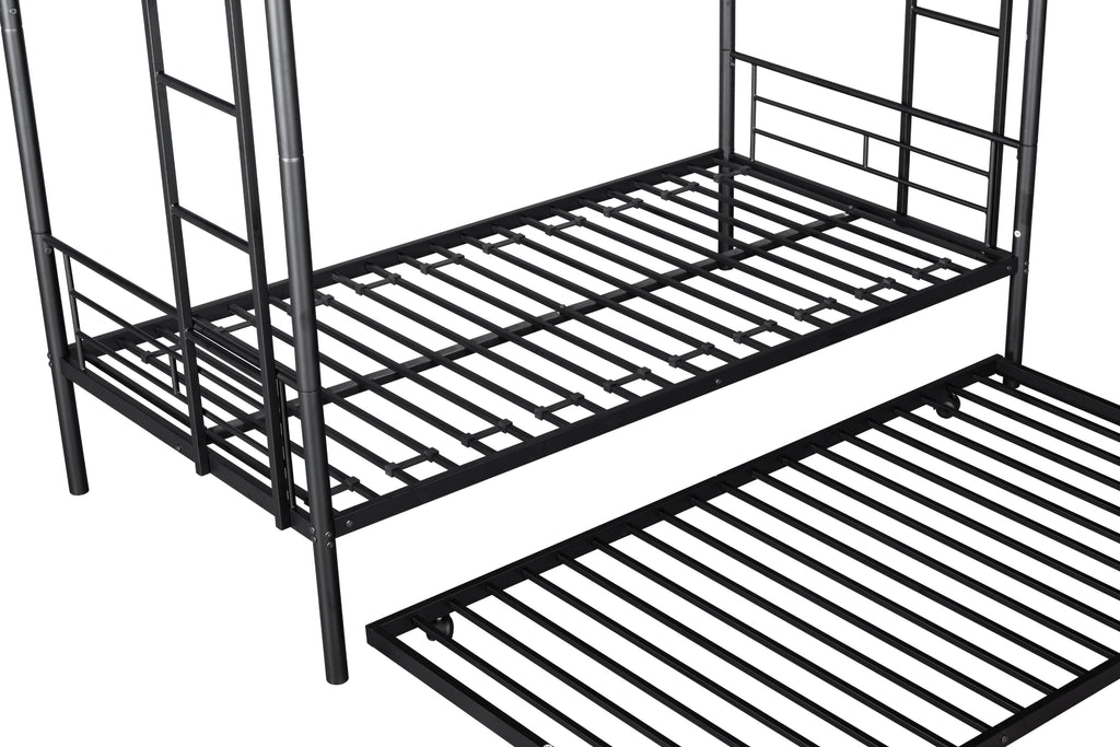 Metal Twin over Twin Bunk Bed Frame with Trundle/Can Be Separated into 2 Twin Beds/ Heavy-duty Sturdy Metal/ Noise Reduced/ Safety Guardrail/ Trundle for Flexible Space/ Bunk Bed for Three/ CPC Certified