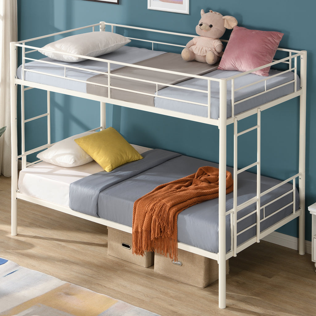 Leoglint Twin Over Twin Metal Bunk Bed Frame,Metal Structure Bedframe with Safety Guardrails and 2 ladders,Convertible Bunkbeds,No Spring Box Required and Space Saving Design,White