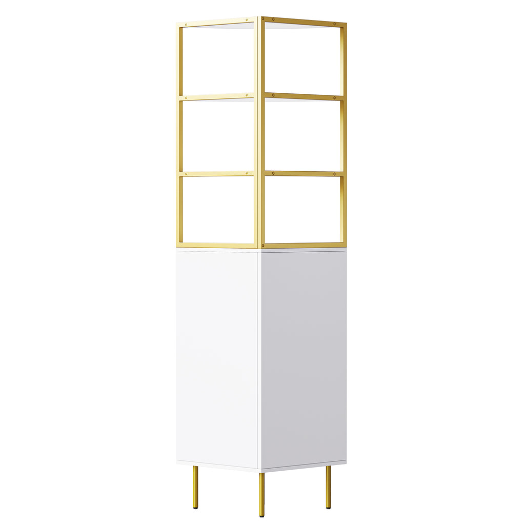 Leoglint 74.8" Tall Modern Corner Bookshelf,Fan-Shaped bookcase with 1 Drawer and 2 Doors ,Wooden Standing Corner Shelf with Gold Metal Frame for Living Room,Home Office,White