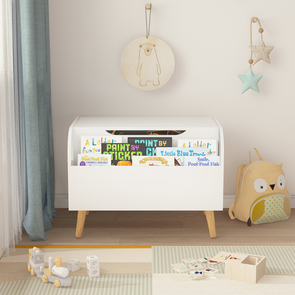 Leoglint Wooden Toy Box, Kids Toy Storage Organizer with Front Bookshelf, Flip-Top Lid, Safety Hinge, Boys Girls Toy Chest Bench for Playroom Kids Room Organization (White)